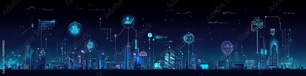 Poster futuristic cityscape illuminated with digital data networks