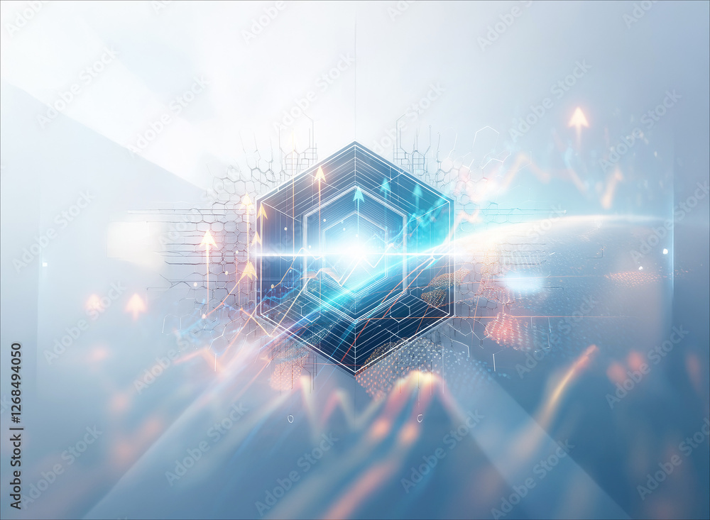 Aufkleber glowing central cube with circuit patterns emits bright light rays and upward arrows, symbolizing te