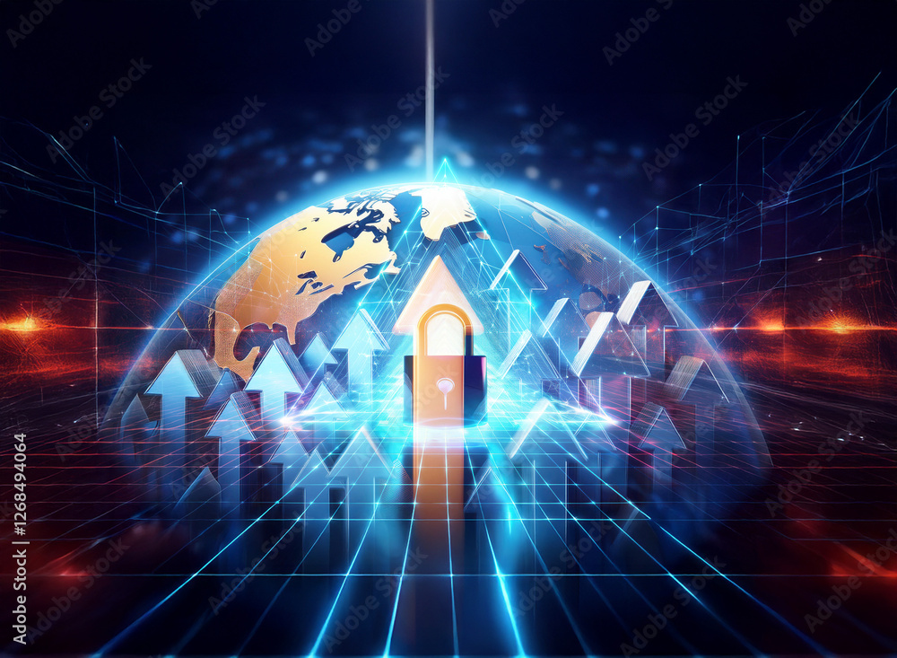 Poster digital earth with a padlock gateway and arrows pointing up in a glowing, futuristic cybernetic spac