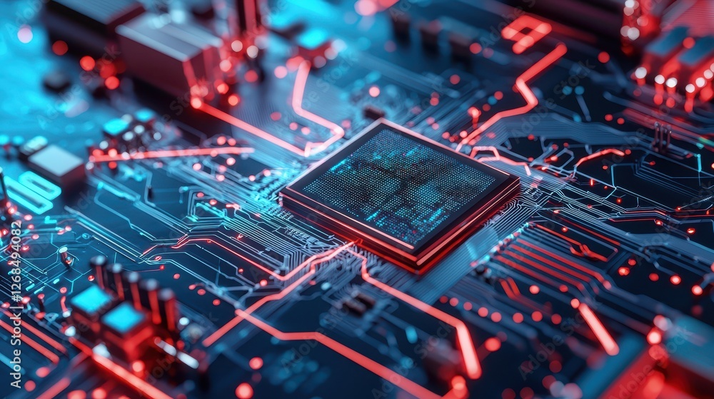 Poster intricate closeup, exploring the complexities of a computer chip on circuit board