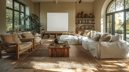 Spacious Living Room: A large, bright, and airy living room filled with natural light features a minimalist aesthetic, showcasing warm tones and a welcoming atmosphere.