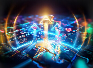 Fototapeta premium Abstract futuristic structure with vibrant yellow and blue lights on a circuit backdrop. It evokes advanced technology, energy, and digital networks.