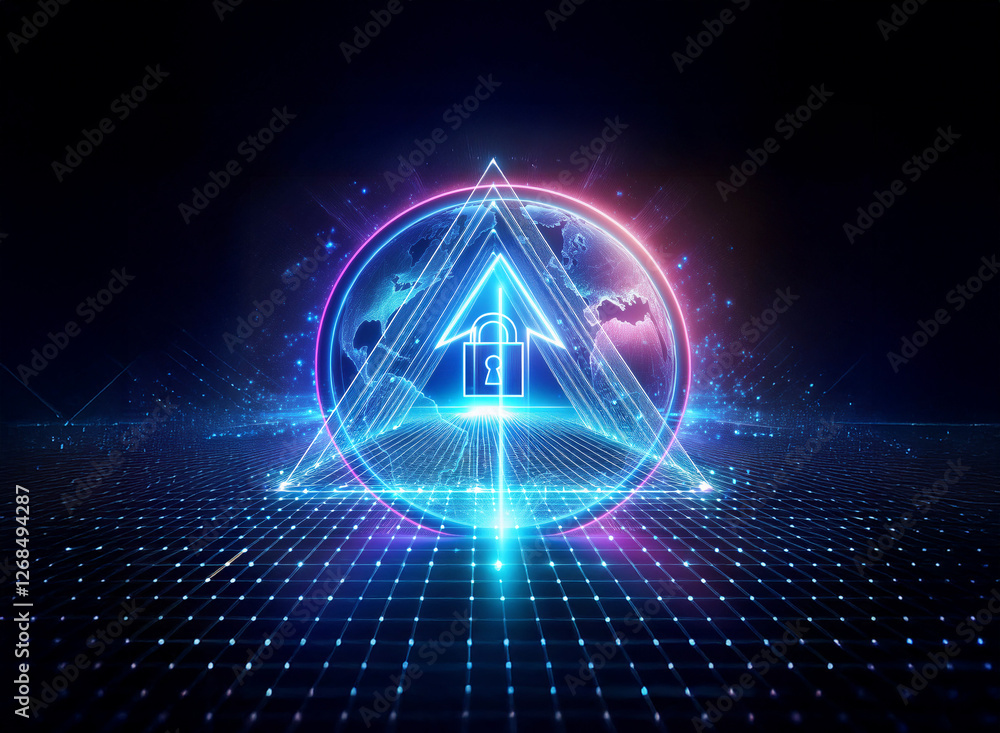 Poster futuristic abstract design featuring a glowing neon triangle and circle enclosing an upward arrow. i