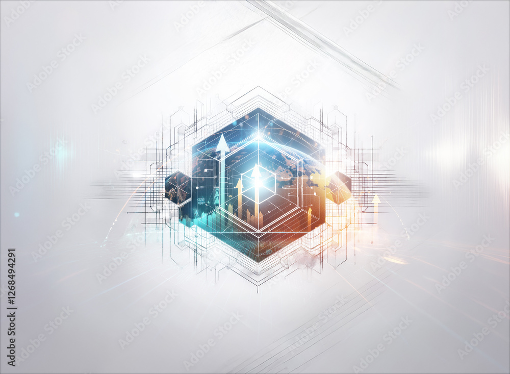 Poster abstract geometric form with glowing lines and lights in blue, orange, and white tones, creating a f