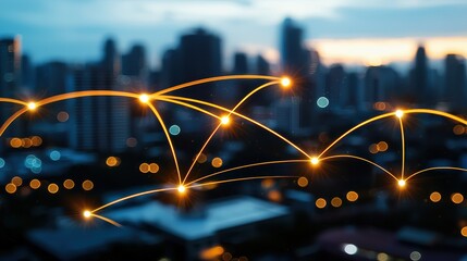 Abstract Network Connections Over Urban Cityscape at Dusk