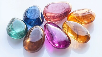 A smooth, colorful gemstones, shining under bright light, showing their polished surface