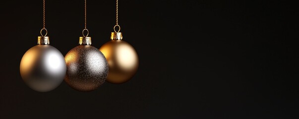 Fototapeta premium Three elegant Christmas ornaments, silver and gold, hang gracefully against a dark background, creating a festive and sophisticated atmosphere.