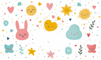 Cheerful cartoon characters and colorful shapes in whimsical designs and positive motifs.