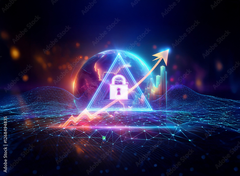 Poster a digital depiction of security and growth featuring a glowing padlock inside a triangle, an ascendi