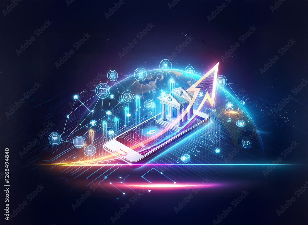 Aufkleber a digital finance concept shows a phone displaying a building and an upward arrow, connected globall