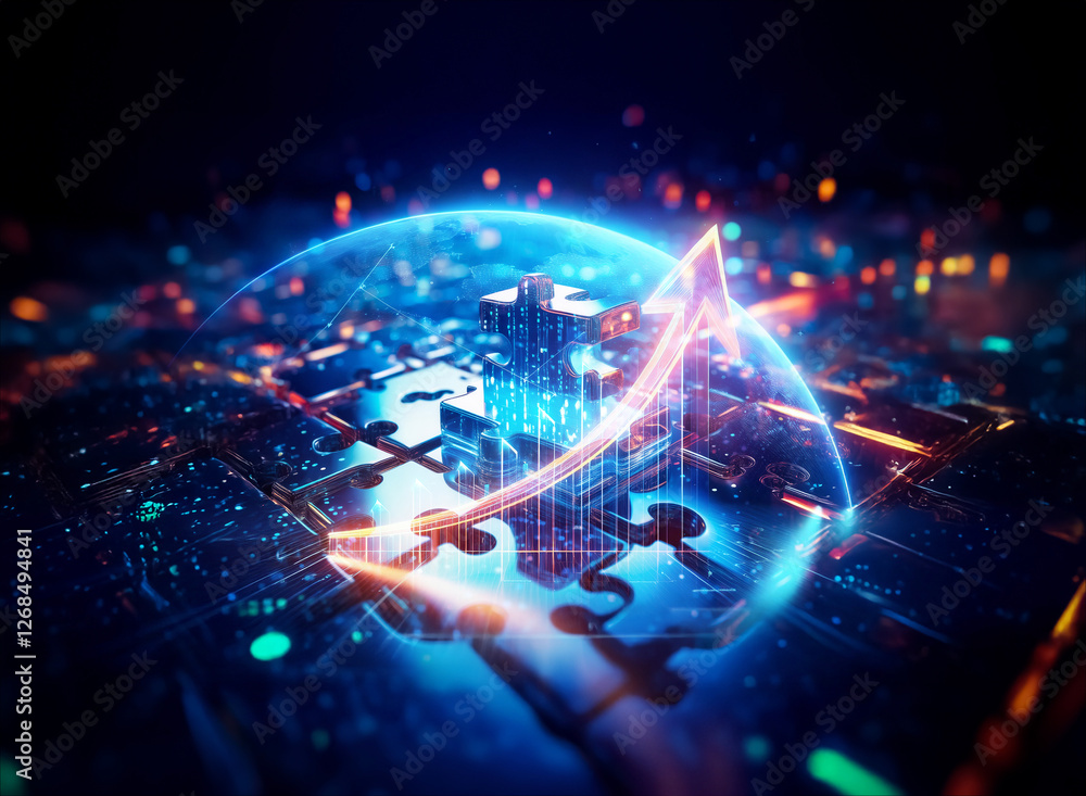 Poster hand holds a glowing futuristic globe displaying a digital city with network lines and bright partic