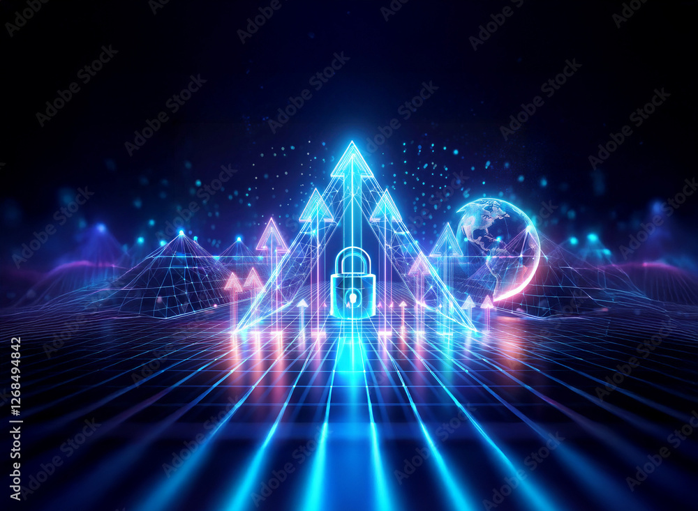 Poster neon illuminated padlock amidst upward arrows and pyramids suggests digital security. futuristic and