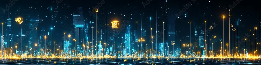 Poster futuristic cityscape illuminated by digital data streams