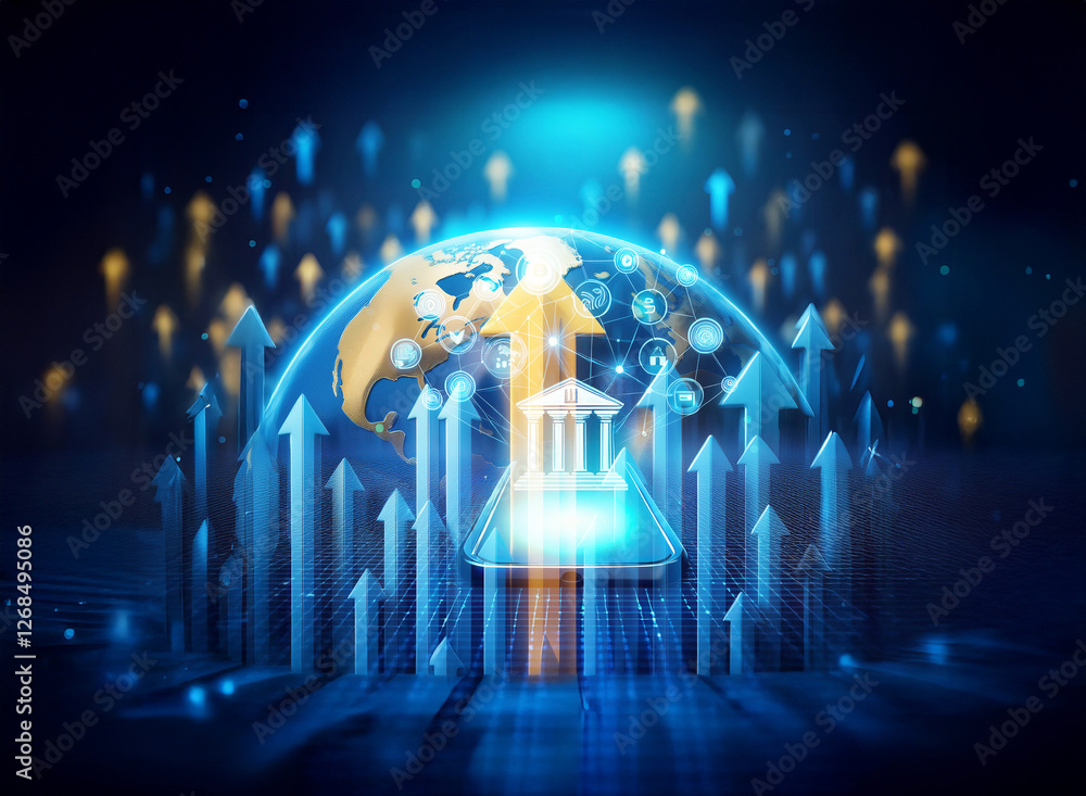 Poster glowing globe with arrows pointing upwards, surrounded by digital lights in a blue and dark backdrop