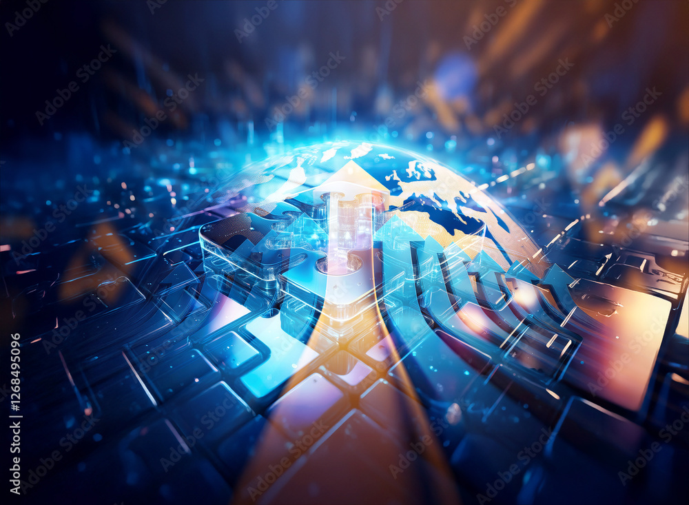 Poster futuristic globe with a bright arrow pointing upwards, representing digital advancement and progress