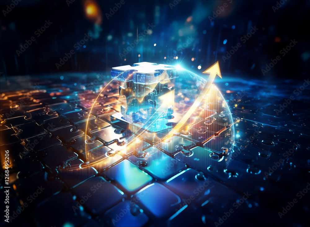 Poster a digital globe with an upward arrow is positioned on a futuristic, tiled surface. the scene is glow
