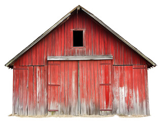 Rustic Red Wooden Barn Isolated on White Background