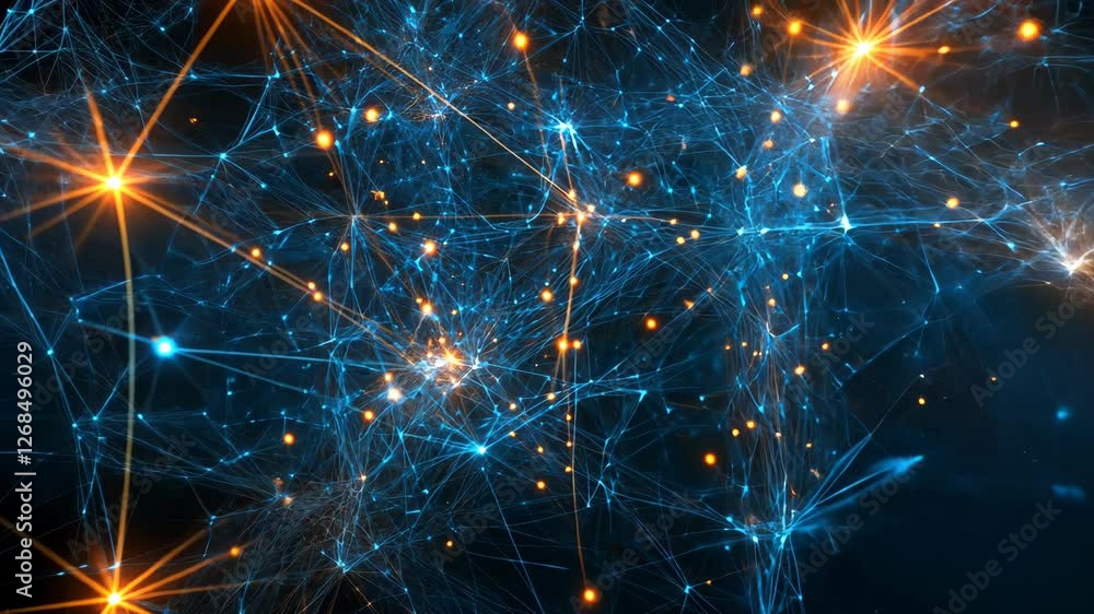 Poster dynamic blue and orange network visualization representing interconnected data in a digital space
