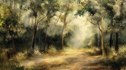 Serene Forest Path Sunlight Dappled Through Trees