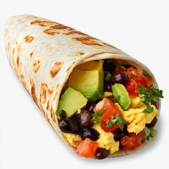 Fresh Breakfast Burrito with Avocado, Black Beans, Scrambled Eggs, and Tomatoes Wrapped in Tortilla