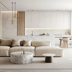 Serene Minimalist Living Room: A modern, open-plan living room features a beige sectional sofa, a round marble coffee table, and minimalist kitchen design with wood and marble accents.