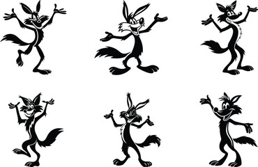 Cute funny dancing Coyote silhouette vector illustration set, Cute funny dancing Coyote line art isolated vector art with transparent background