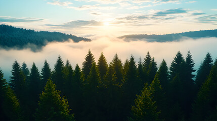 Sunrise Over Foggy Mountain Forest