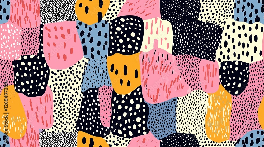 Poster abstract seamless pattern with multi-coloured geometric shapes and different textures,creating moder