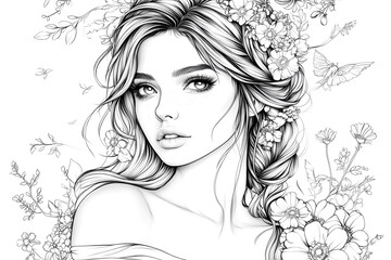 Fototapeta premium A woman with long hair and a flowery background. The woman is smiling and has a bright, happy expression