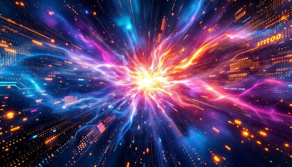 Abstract Technology Explosion with Glowing Lines and Data Stream Visual