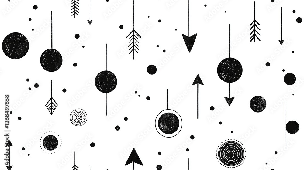 Poster black and white linear geometric seamless pattern with circles, arrows and lines on white background