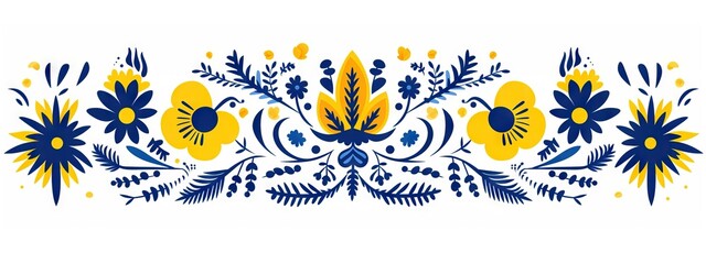 Traditional floral folk art pattern in blue and yellow. Scandinavian or Eastern European ornamental design. Decorative border for textiles, ceramics, or digital art