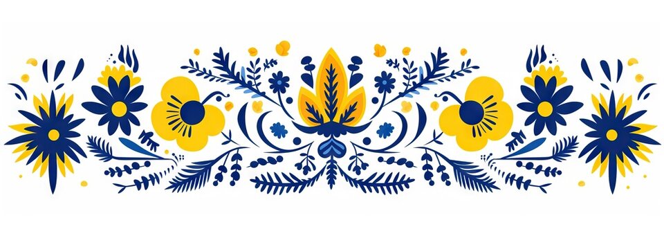 Fototapeta Traditional floral folk art pattern in blue and yellow. Scandinavian or Eastern European ornamental design. Decorative border for textiles, ceramics, or digital art