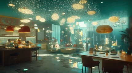Futuristic underwater living room with glowing lights and modern furniture.