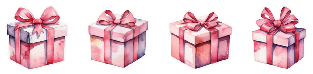 Fototapeta premium Watercolor Pink Gift Box with Ribbon
