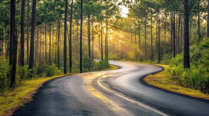 Fototapeta premium Winding Road Through Sunlit Pine Forest