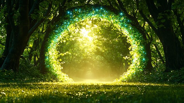 Magical forest portal sunrise fantasy background