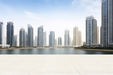Obraz premium Modern skyscrapers reflecting in water with empty waterfront plaza. Urban cityscape. Real estate development and architecture concept
