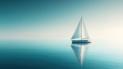 White Sailboat on Calm Teal Ocean Under Light Blue Sky