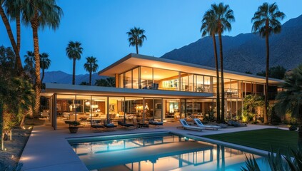 Fototapeta premium Luxury Desert Residence at Dusk: Palm Springs Architectural Gem