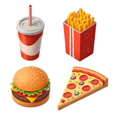 Vector flat style icons set of fast food, junk food with long shadow. Hamburger, french fries, soda and slice of pizza.