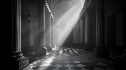 Illuminated colonnade with checkered floor, bathed in ethereal light beam
