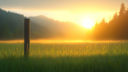 Sunrise Over Misty Field with Wooden Post