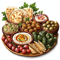 Colorful and appetizing spread of Middle Eastern dishes featuring hummus, tabbouleh, grape leaves, and assorted breads
