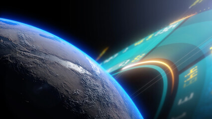 Stunning View of Earth from Space with Futuristic Digital Code and Technology Data Visualizations