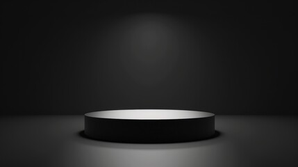 Empty circular podium with dramatic lighting in a dark environment.