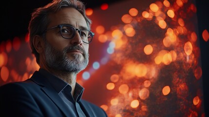 Fototapeta premium A thoughtful man with glasses and a beard gazes upward with curiosity and introspection conveying deep emotions and a connection to the viewer in a candid and natural portrait scene