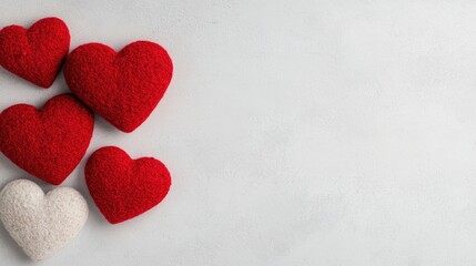 Fototapeta premium Red and white textured craft hearts arranged on a light grey background for Valentine's Day.