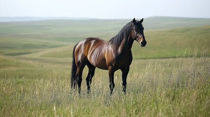 Obraz premium Horse standing in grassy field, rolling hills background