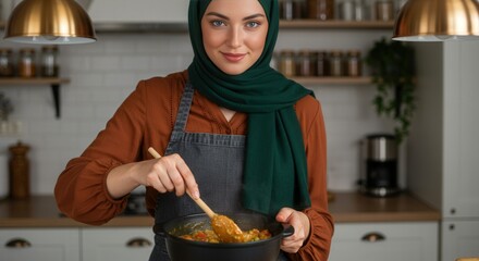 a woman cooks in her modern kitchen stirring food for iftar meal showcasing culinary skills and ramadan traditions